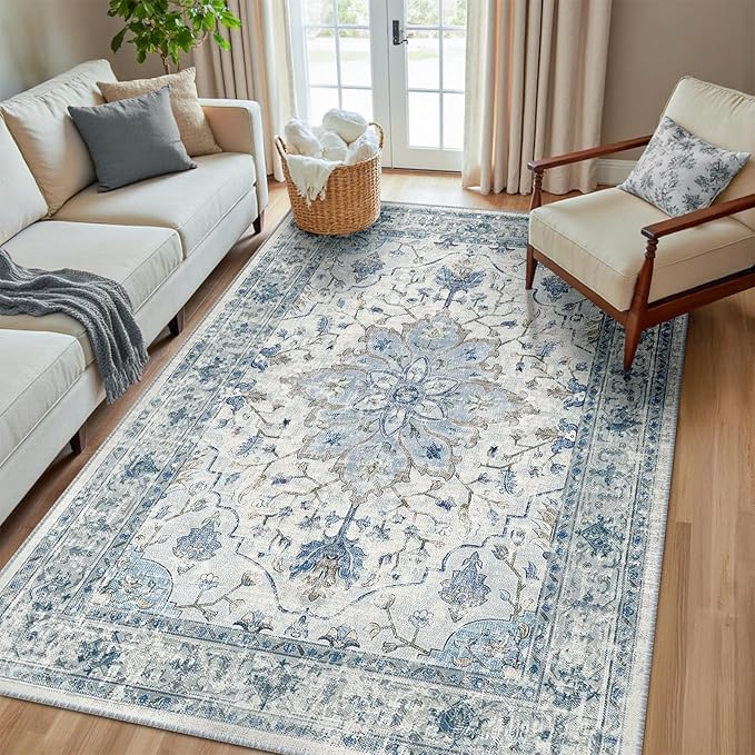 RELEANY Area Rugs 6'x8' Washable Non-Slip, Floral Vintage Distress Print Pattern Medallion Carpet for Living Room Bedroom Dining Room, Light Blue Navy Beige Gray White