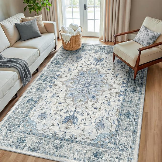RELEANY Area Rugs 6'x8' Washable Non-Slip, Floral Vintage Distress Print Pattern Medallion Carpet for Living Room Bedroom Dining Room, Light Blue Navy Beige Gray White