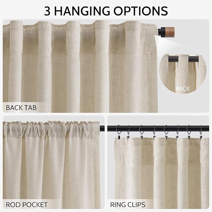 Boho Linen Curtains for Living Room 100 Inches Long Light Filtering Semi Sheer Curtain Back Tab Boho Eclectic Home Decor Elegant Luxury Farmhouse Drapes for Bedroom Dinner Room 52x100, 2 Panels