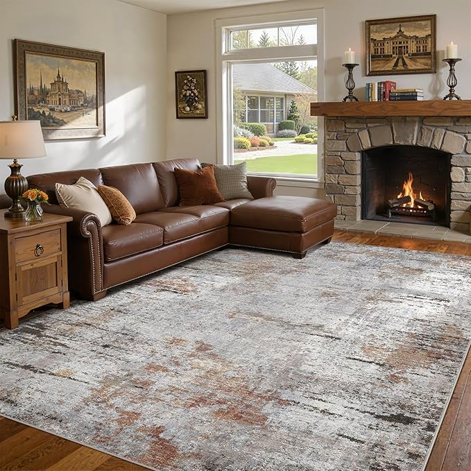 DMOYEST Area Rug Living Room Rugs - 10x12 Large Soft Indoor Neutral Modern Abstract Low Pile Washable Rug Carpet for Bedroom Dining Room Farmhouse Home Office - Grey Rust