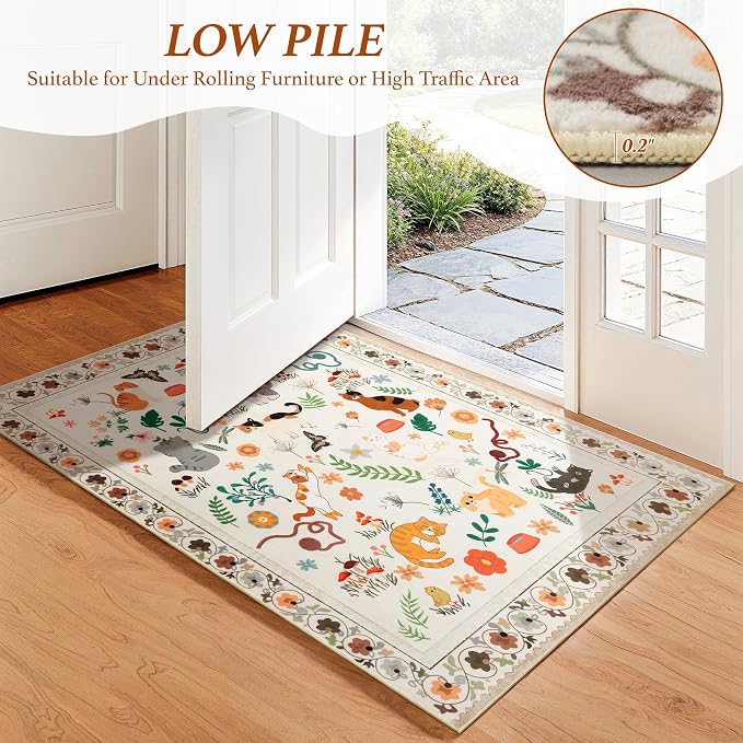 LIANLAM 2x6 Cat Themed Runner Rug for Hallway & Kitchen, Washable Non-Slip Long Carpet with Playful Feline Prints, Pet Friendly & Easy Clean Low Pile Floor Mat(2x6,Beige)