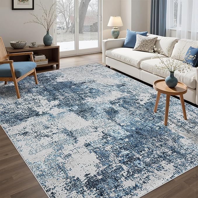 Area Rug Living Room Rugs: 5x7 Washable Rug with Anti-Slip Backing Non-Shedding Stain-Resistant Foldable Modern Abstract Carpet for Bedroom Dining Room Nursery Home Office (Blue)