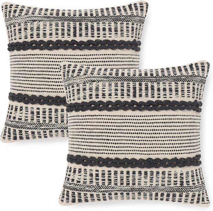 REDEARTH · Textured Throw Pillow Cushion Covers-Woven Tufted Decorative Farmhouse Cases Set for Couch, Sofa, Bed, Chair, Dining, Patio, Outdoor; 100% Cotton (18"x18", Gage Dark Gray) Pack of 2