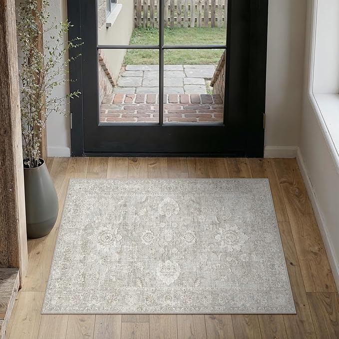 2x3 Grey Washable Area Rug for Entryway Neutral Floral Soft Non Slip Small Carpet Low Pile Distressed Door Mat for Entrance Bathroom Bedroom Indoor