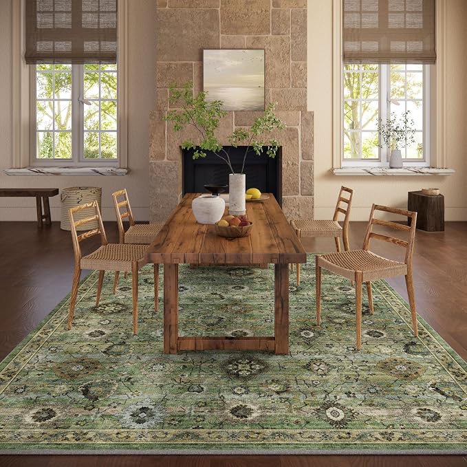 Washable Area Rugs for Living Room: 9x12 Rug Boho Vintage Rugs Stain Resistant Non Slip Low Pile Lightweight Soft Carpets for Bedroom Kitchen Dining Room Nursery Kids Room Farmhouse Home Office