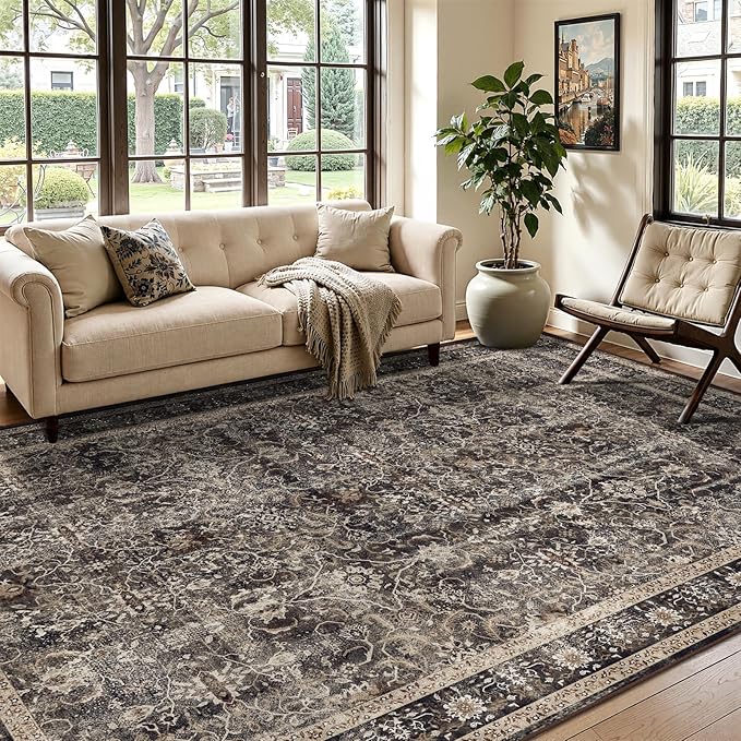 Vintage Black 6x9 Area Rugs, Washable Rugs for Bedroom Living Room Low Pile Non Slip, Mid-Century Modern Dark Print Carpet Rugs for Dining Room Home Office, Earth Tone Brown/Black/Beige