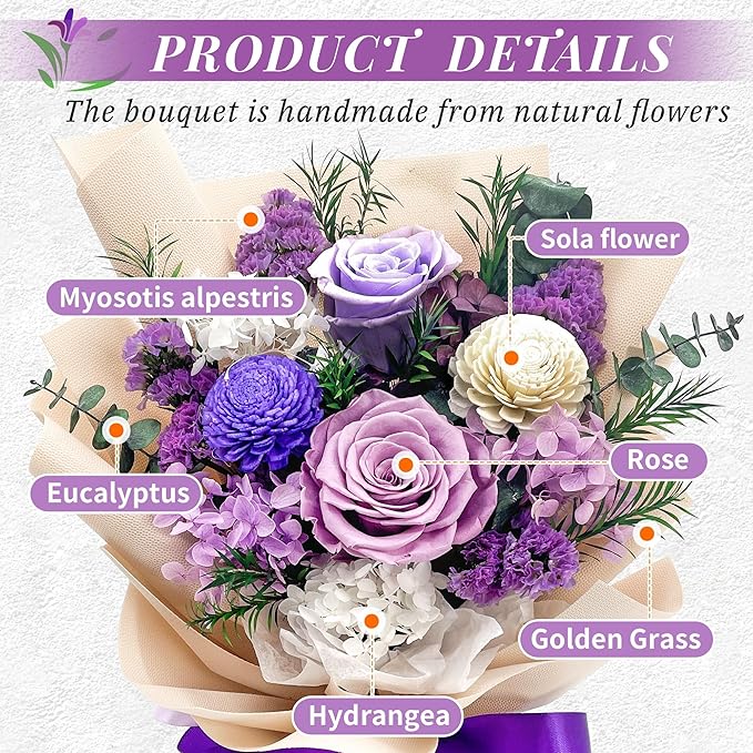 QOEAZY Flowers for Delivery, Preserved Flowers Bouquet with Gift Box, Rose Gifts for Women Mom Grandma