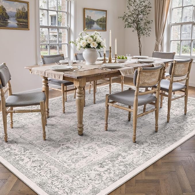 PureCozy Gray Area Rug 7x9 Machine Washable Vintage Living Room Distressed Non Slip Carpet Traditional Indoor Bedroom Grey Retro Floral Accent Throw Large Rug for Office Kitchen Dining Room