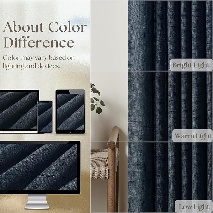 Navy Short Linen Curtains 45 Inch Length 2 Panel Set for Small Windows Dark Blue Linen Cotton Light Filtering Drapes Privacy Pinch Pleated Back Tab Semi Sheer Kitchen Curtains 45 Inches Long