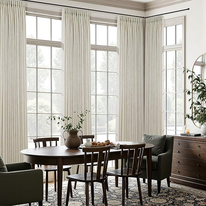 Beige Pleated Linen Curtains 112 Inch Length 2 Panels Set Semi Sheer Light Filtering Light Tan Window Drapes for Living Room Modern Viral Pinch Pleated Curtains 112 Inches with Hooks Rings Clips