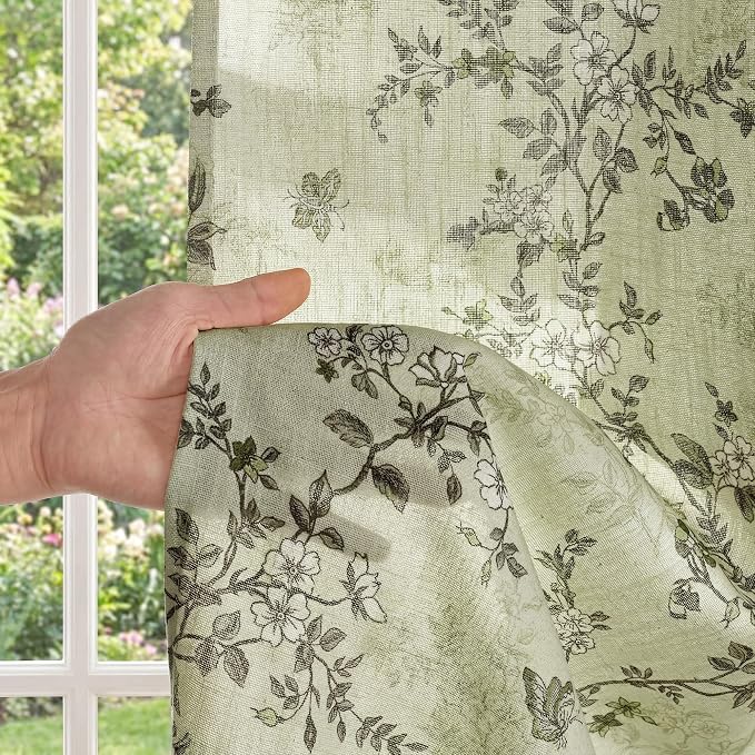 StangH Cottagecore Floral Curtains for Bedroom, Linen Curtains Natural Fabric Vintage Butterfly Print Light Filtering Privacy Drapes for Living Room, Sage Green, W52 x L90, 2 Panels