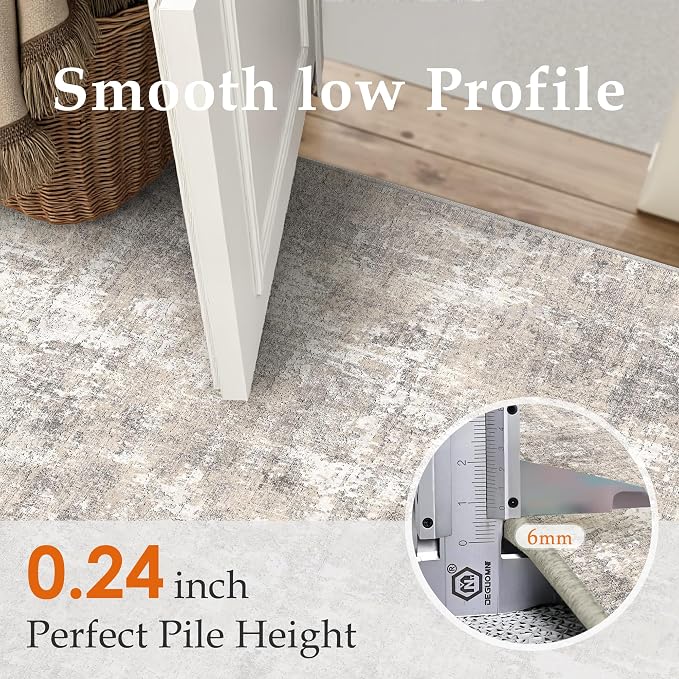 PureCozy Machine Washable Area Rug 5x7 Beige Gray Large Living Room Indoor Accent Rug Neutral Modern Abstract Low Pile Carpet Non Slip Distressed Throw Rug Bedroom Office Dining Room Kitchen Laundry