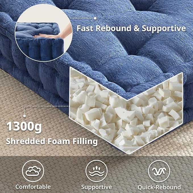 Intelligent Design Azza Floor Pillow, Large Cushions Sitting for Adults, Floor Pillow for Meditation or Yoga, Lustrous Chenille Tufted with Scalloped Edges for Bench/Chair Cushion, 24"x24"x5" Navy