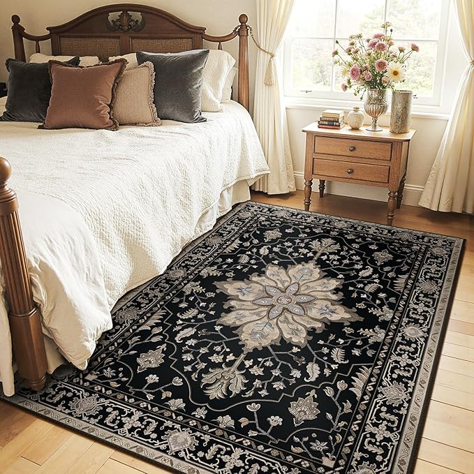 RELEANY Area Rugs 5'x7' Washable Non-Slip, Floral Vintage Distress Print Pattern Medallion Carpet for Living Room Bedroom Dining Room, Black Brown Neutral Dark Tan