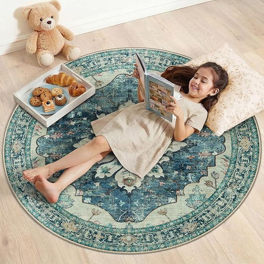 RELEANY Area Rugs 4ft Washable Non-Slip, Floral Vintage Distress Print Pattern Medallion Carpet for Living Room Bedroom Dining Room, Dark Blue Vintage