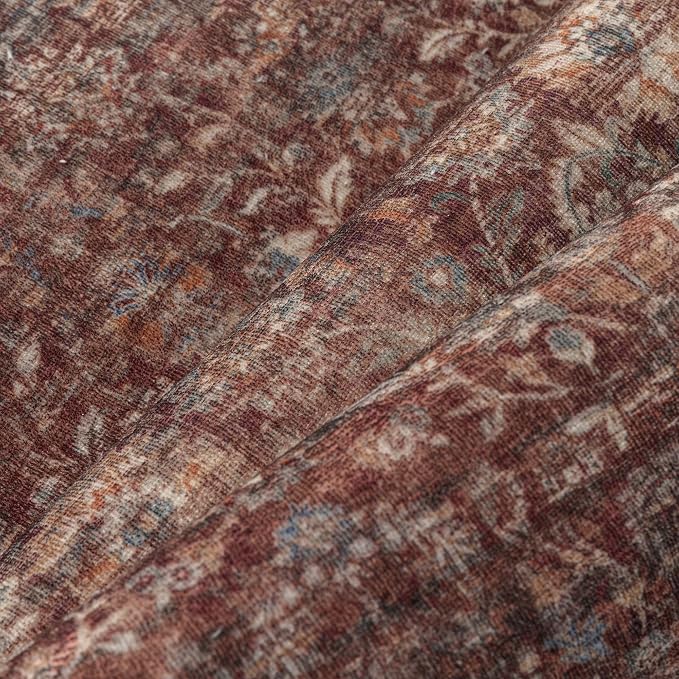 9x12 Red Washable Modern Area Rug Living Room Non Slip Low Pile Floral Extra Large Rug Vintage Traditional Stain Resistant Carpet Bedroom Office Indoor Playroom