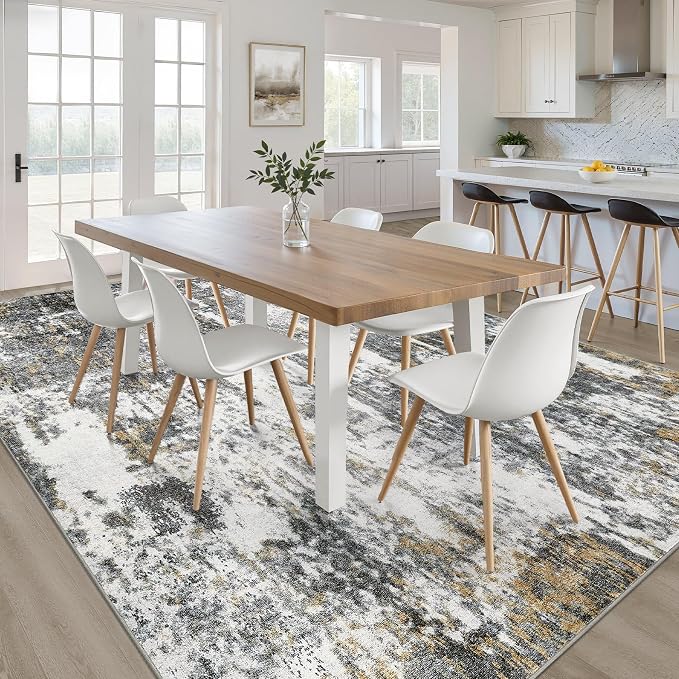 7x9 Area Rug Living Room: Washable Large Neutral Rug Abstract Soft Modern Stain Resistant Indoor Floor Non-Slip Carpet for Bedroom Nursery Kids Office Playroom Dining Room- Black White Gold