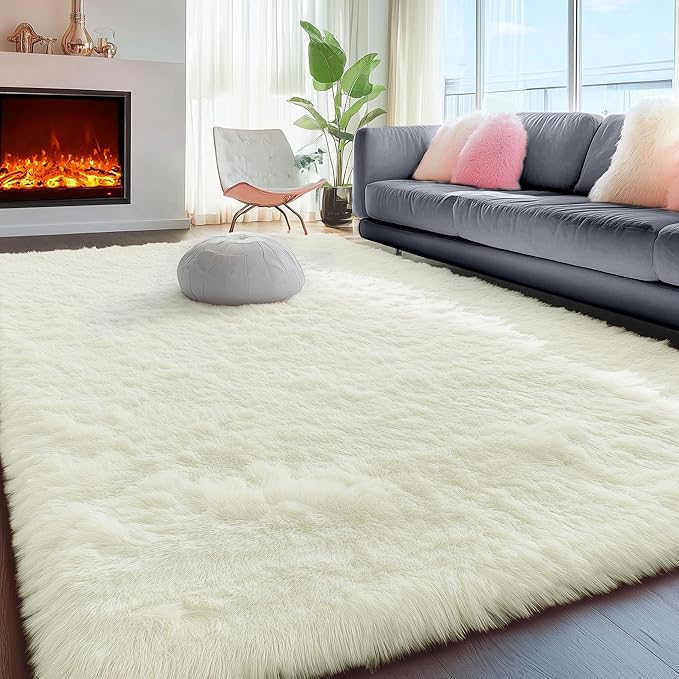 PAGISOFE White Fluffy Shag Washable Area Rugs for Living Room 5x7 Ft,Cream White Soft Shaggy Rugs for Bedroom,Office Ivory Carpet Boys Girls Dorm Pastel Rug for Kids Room Home Decor Aesthetic