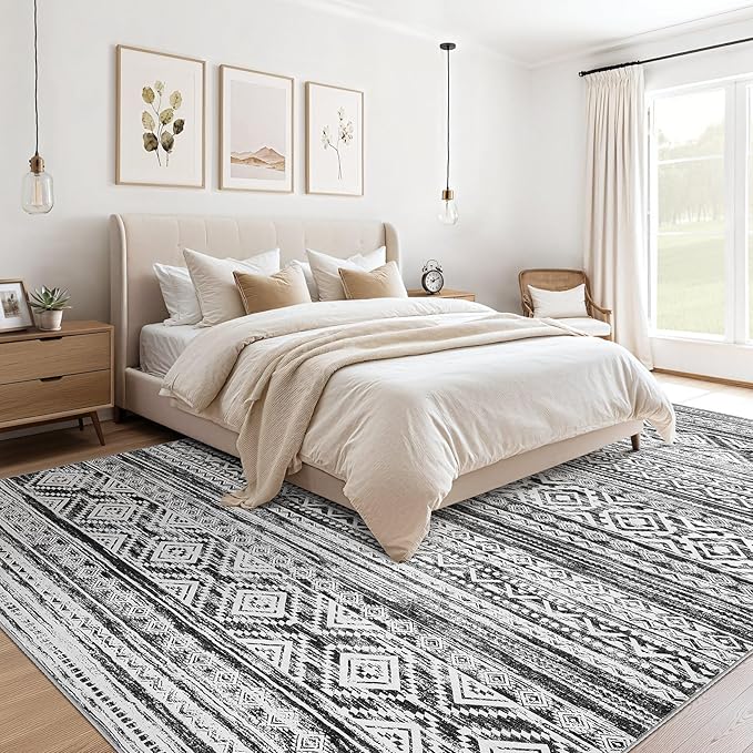 cotiled 10x12 Area Rug Living Room: Washable Boho Rugs with Non Slip Backing Large Soft Indoor Stain Resistant Carpet for Bedroom Farmhouse Dining Room Lightweight Home Decor White/Black