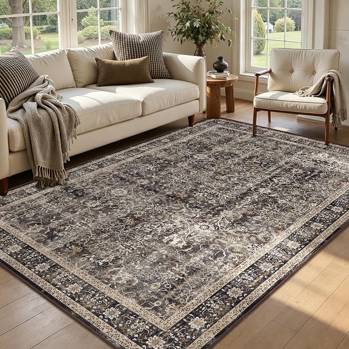 Dark 5x7 Area Rugs, Mid-Century Modern Print Rugs for Living Room Bedroom Home Office, Washable Non Slip Ultra Thin Dining Room Rug Vintage Classic, Earth Tone Brown/Black/Beige