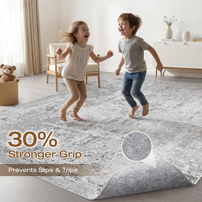 9x12 Area Rug Living Room: Washable Large Neutral Rug Abstract Soft Modern Stain Resistant Indoor Floor Non-Slip Carpet for Bedroom Nursery Kids Office Playroom Dining Room Under Table- Light Gray