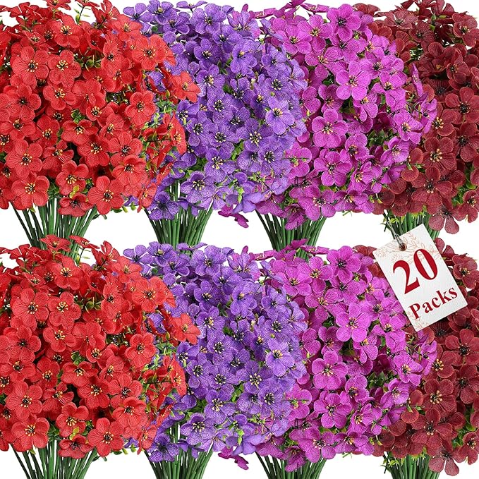 Alupssuc 20 Bundles Artificial Flowers for Outdoor Indoor Decoration, UV Resistant No Fade Fake Plants Eucalyptus, Colorful Faux Spring Flowers for Outside Yard Porch Patio Garden Home Window Box