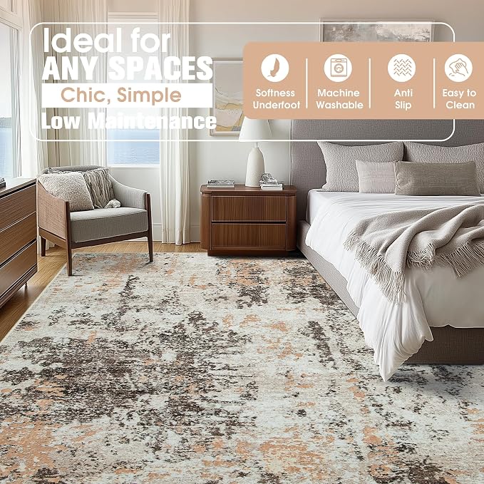 9x12 Area Rugs for Living Room Rug Washable: Abstract Large Rug for Dining Room Bedroom Carpet Non Slip 9 by 12 Indoor Modern Nursery Home Office Brown Beige