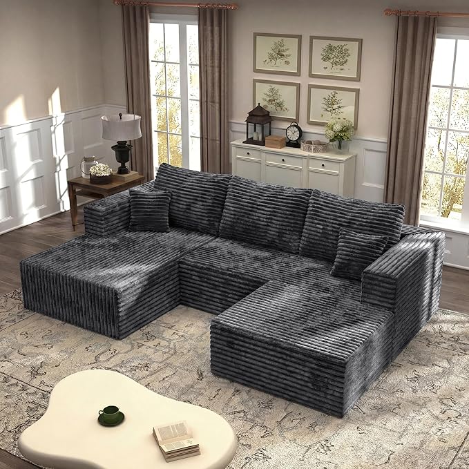 27.56'' Plush Fluffy Corduroy Poofy Ottoman in a Box for Boneless Sofa Couch, Modern Compressed Foot Rest, Small Comfy Rectangle Boneless Pouf Footstool Ottoman for Living Room, Bedroom, Grey