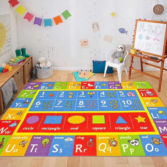 KC Cubs 5x7 ABC Alphabet, Numbers & Shapes Rug – Educational Non-Slip Play Mat Carpet for Kids, Toddlers, Nursery, Classroom, Playroom, Baby Daycare