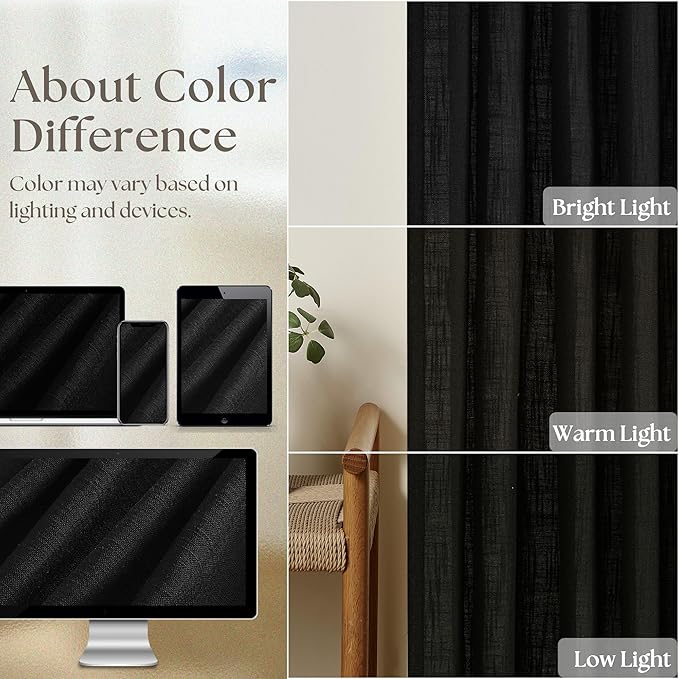 TWODRAPES Pinch Pleated Black Linen Curtains 96 Inches Long for Living Room Bedroom Light Filtering Boho Window Drape 96 Inch 2 Panels with Hooks Rings 8ft Black Sliding Glass Door Semi Sheer Curtain