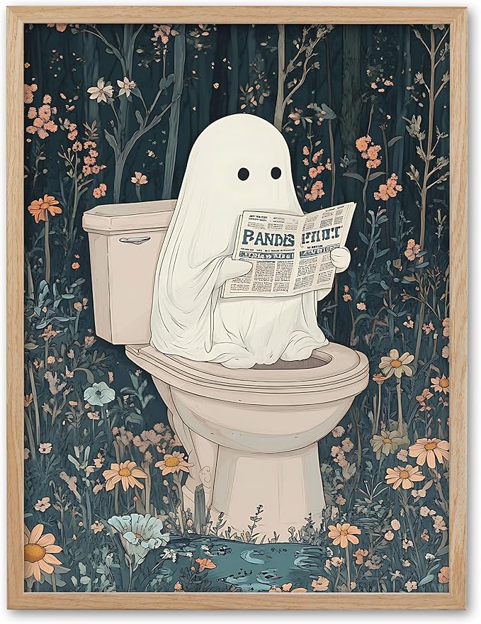 UPWOIGH Beige OAK Framed Ghost Wall Decor- Halloween Wall Art Prints, Halloween Posters Decor, 12" x 16" Cute Ghost Decor, Aesthetic Pictures Wall Decor for Bathroom Bedroom,1 Pack