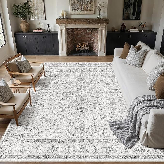 PureCozy Grey 5x7 Area Rug Vintage Washable Living Room Carpet Non Slip Bedroom Indoor Office Low Pile Traditional Distressed Retro Accent Rug for Dining Room Bathroom Kitchen