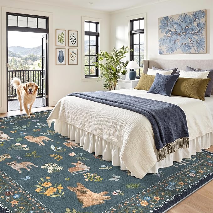 Soalmost Dog 8x10 Area Rugs for Living Room, Machine Washable Animal Floral Vintage Rug Non-Slip Low Pile Soft Throw Large Rugs for Classroom Bedroom Dining Room Nursery Playroom (8 x 10,Navy Blue)