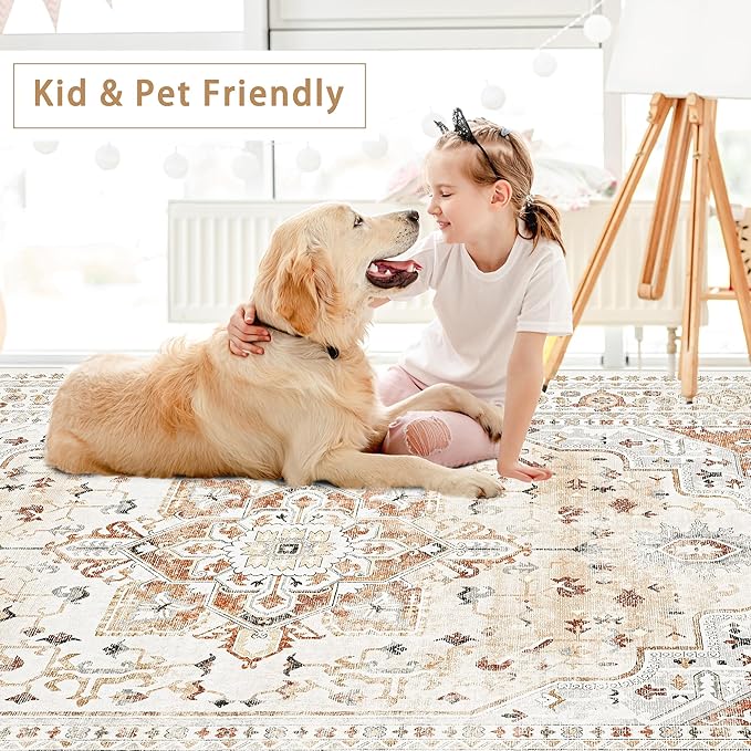 Srugn Washable Rugs 8x10 Area Rugs for Living Room,Rugs for Bedroom,Large Carpets,Ultra Soft Faux Wool Retro Dining Room Rug,Non Slip&Non-Shedding Low Pile Vintage Print Rug for Home Office,Orange