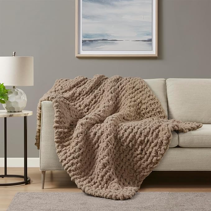 Madison Park Chenille Chunky Knit Handmade Throw Blanket, Luxuriously Soft Gift Blankets, Cottage Style Room Décor, Lightweight & Breathable All Seasons Throw Blanket for Couch, 50" W x 60" L Brown