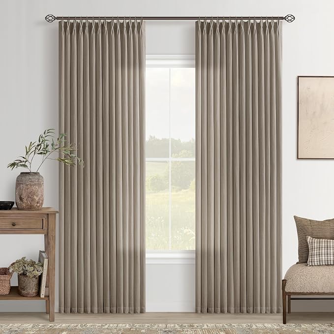 Taupe Linen Curtains 86 Inch Length 2 Panels Set for Living Room Pinch Pleated Semi Sheer Window Drapes Light Filtering Burlap Flax Bedroom Curtain with Back Tab Grey Beige Brown Burlywood Birch
