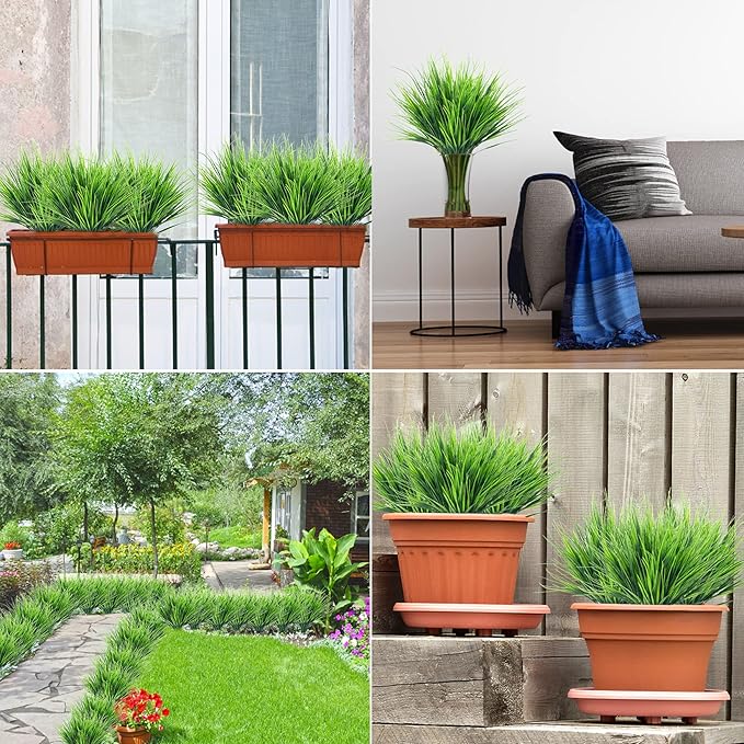 Ouddy Decor 12 Bundles Artificial Wheat Grass Outdoor UV Resistant Greenery Stems Plastic Shrubs for Garden Farmhouse Front Porch Window Box Home Decor