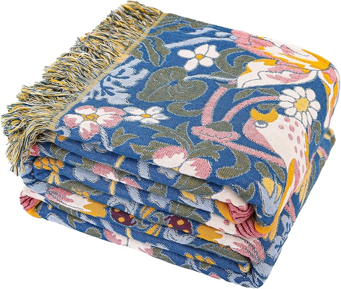 Boho Cotton Muslin Twin Size Bed Throws,100% Cotton Rustic 4 Layer Reversible Bid and Floral Woven Washable Breathable Decor Blanket 60"×80" for Couch Sofa All Seasons,Blue &Yellow