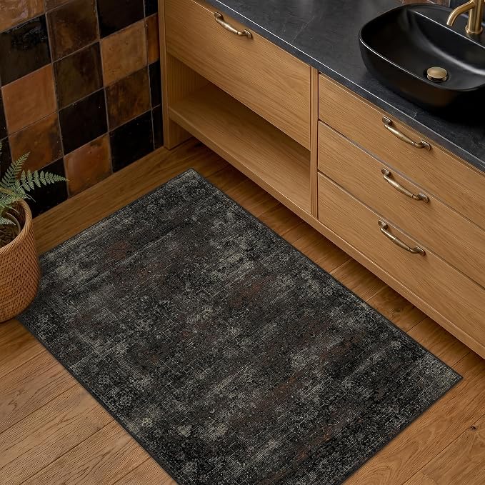 Black 3x5 Washable Entryway Rug, Non Slip Indoor Kitchen Rug, Dark Charcoal Farmhouse Low Pile Area Rug for Mudroom, Bedroom, Bathroom & Laundry Room