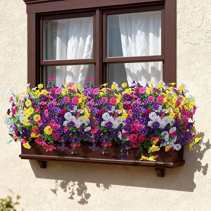Ivydale 24 Bundles Artificial Flowers for Outdoors Spring Outside Decoration, Faux Silk Petunias White Fake Flowers Bulk Realistic UV Resistant Plants for Outdoor Planters Porch Patio Garden Yard Home