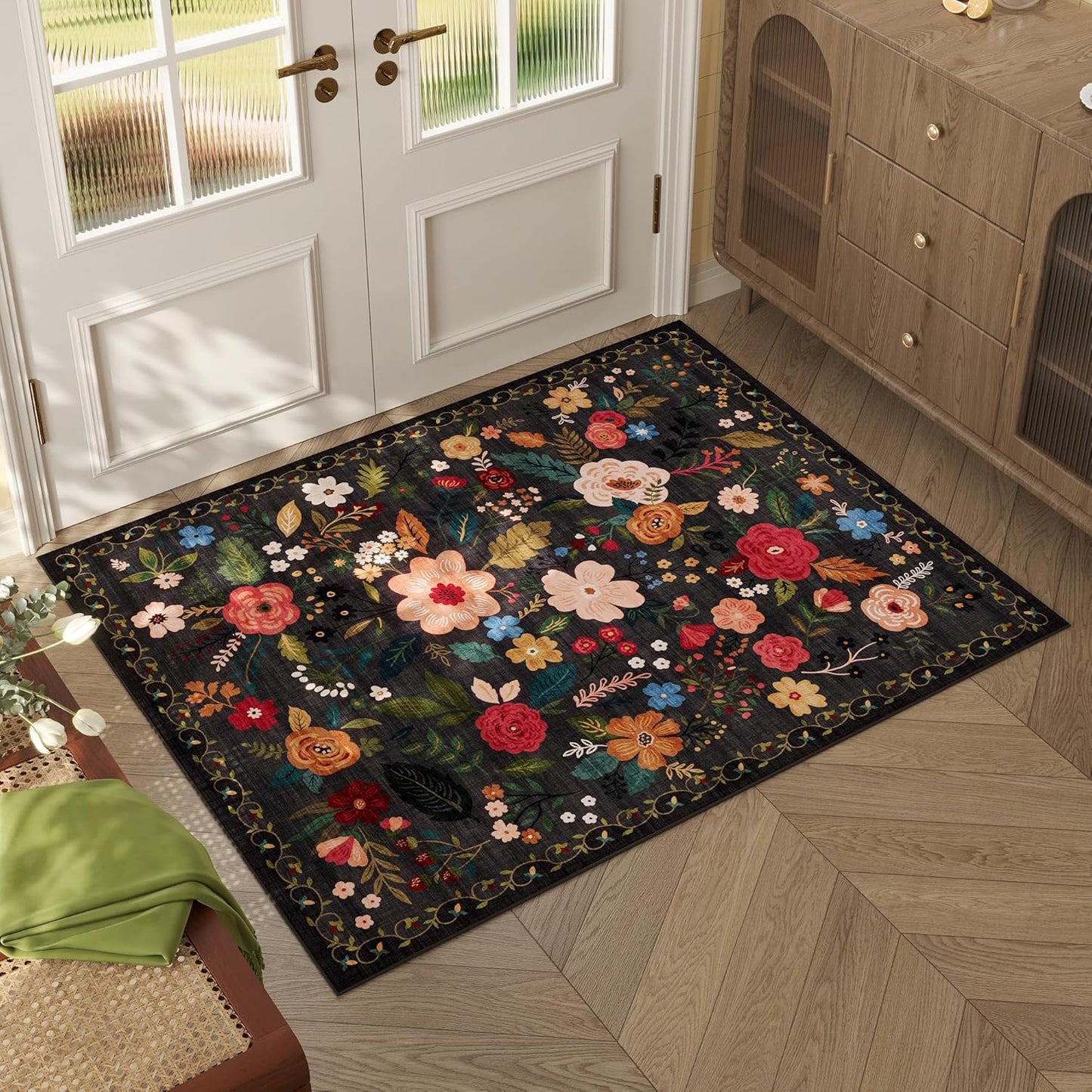 Door Mat Indoor Entrance 2x3 Rug Machine Washable Boho Floral Small Area Rug Non-Slip Low Pile Throw Rugs for Entryway, Kitchen, Front Door Indoor Entrance, Entry, Kids Room (Black)