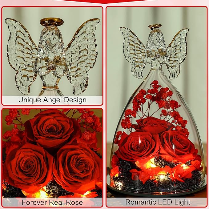 Mothers Day Rose Gifts for Women Preserved Real Flower in Glass Angel Figurines Roses for Delivery Prime Birthday Gifts for Mom Grandma Girlfriend Wife Her - Red