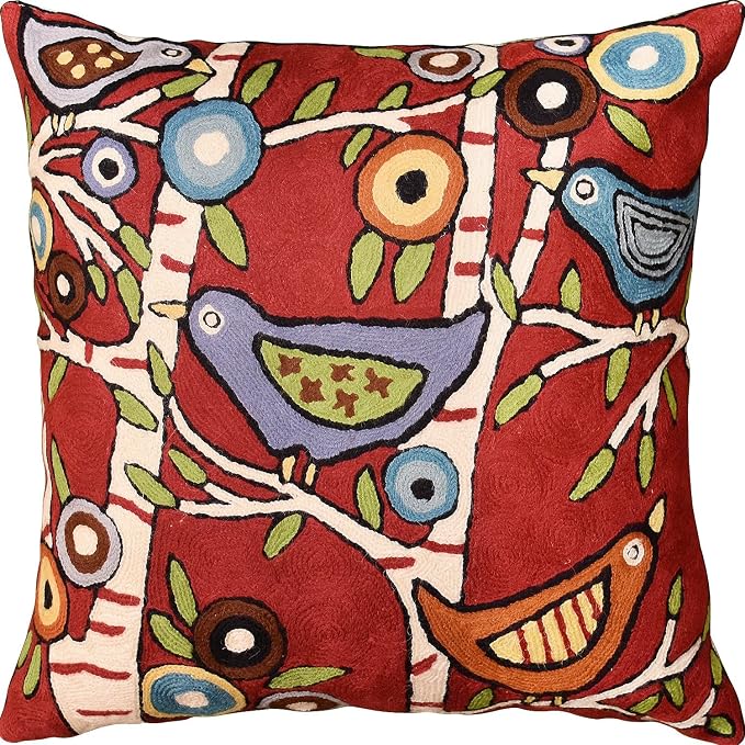 Red Plant Birds Throw Pillow Cover | Karla Gerard Designer Pillowcase Burgundy Chair Cushion Kids Room Botanical Red Farmhouse Chair Cushions Hand Embroidered Wool Size - 18x18
