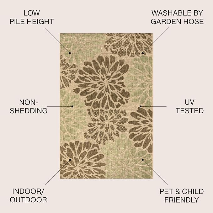 JONATHAN Y Floral Textured Weave Indoor Outdoor Area Rug 6X9 Sage/Brown, Zinnia Modern for Backyard, Patio, Porch, Easy-Cleaning, High Traffic, Pet-Friendly, Non-Shedding (SMB110A-6)