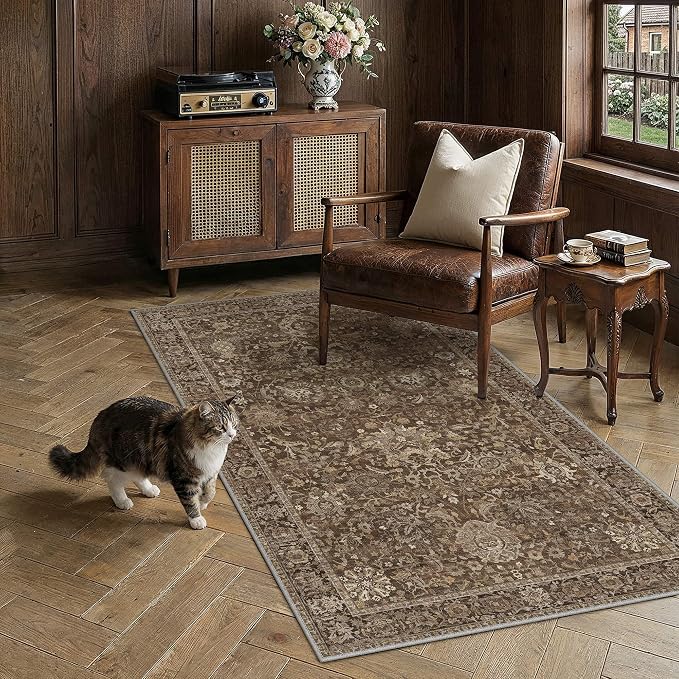 HUGEAR Area Rugs 4x6 Brown Washable Rug for Living Room Bedroom Neutral Vintage Rug Carpet Distressed Soft Durable Non Slip No Shedding for Indoor Dining Nursery Farmhouse