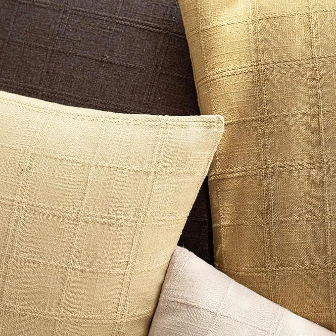 Foindtower Set of 2 Decorative Linen Check Throw Pillow Covers Neutral Farmhouse Vintage Cushion Covers Modern Boho Accent Home Decor for Sofa Chair Couch Bedroom Living Room,24×24 Inch,Light Yellow