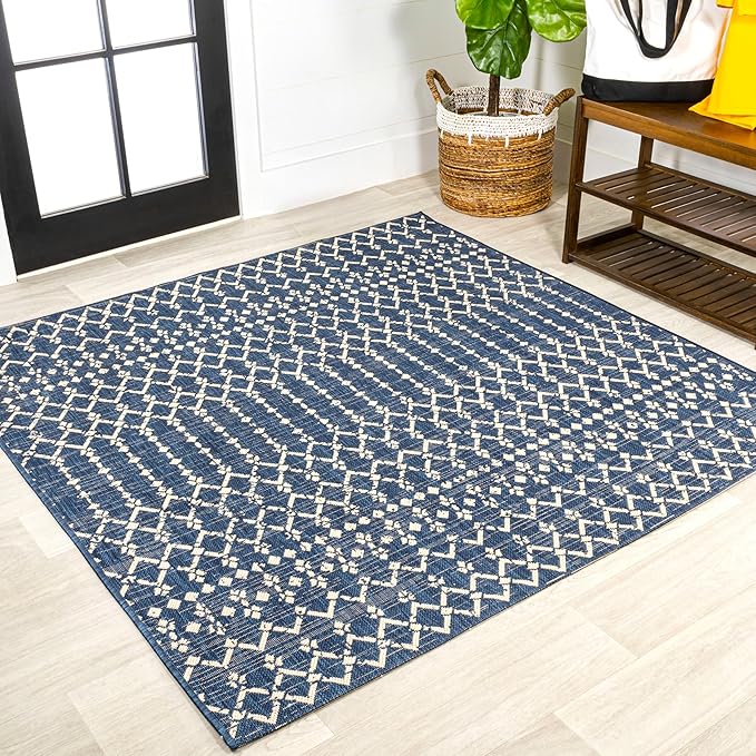 JONATHAN Y Moroccan Geometric Indoor Outdoor Square Area Rug 5X5 Navy/Beige, Ourika Textured Weave for Backyard, Patio, Porch, Easy-Cleaning, High Traffic, Pet-Friendly, Non-Shedding (SMB108K-5SQ)