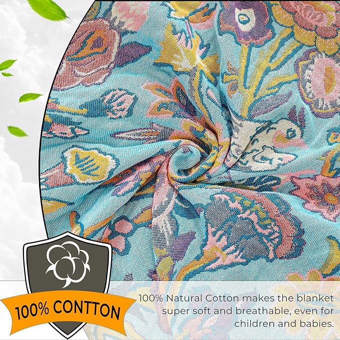 Boho Throw Blanket,50"x60" 100% Organic Cotton Soft Floral & Bird Summer Muslin Blanket,Purple Rustic Farmhouse Decorative Cotton Quilt for Couch,Bed,Chair,Home Decor,Gift for All Season