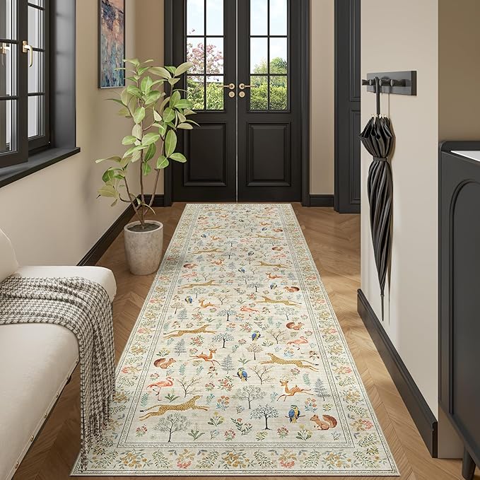 DUKINO 3x10 Washable Runner Rug for Hallway, Lightweight Loog Kitchen Rug with Low Pile Design, Vintage Animal Non Shedding Thin Indoor Carpet for Entryway, Bathroom, Bedroom, Laundry Room, Beige