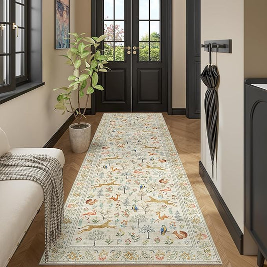 DUKINO 3x10 Washable Runner Rug for Hallway, Lightweight Loog Kitchen Rug with Low Pile Design, Vintage Animal Non Shedding Thin Indoor Carpet for Entryway, Bathroom, Bedroom, Laundry Room, Beige